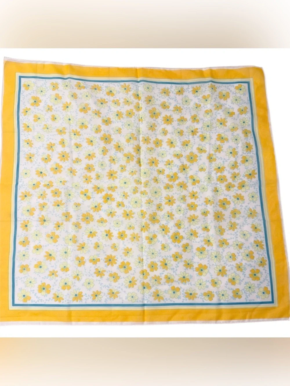 1960’s Mod Flower Power Head Scarf in Yellow, Blue and White, Made in Japan